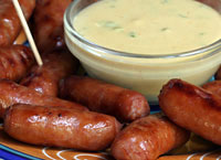 Little Smoked Sausages with Dijon Cheese Dip