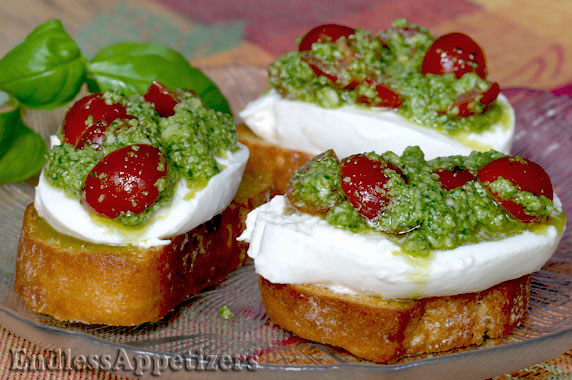 Pesto Cheese Crostini with Cherry Tomatoes